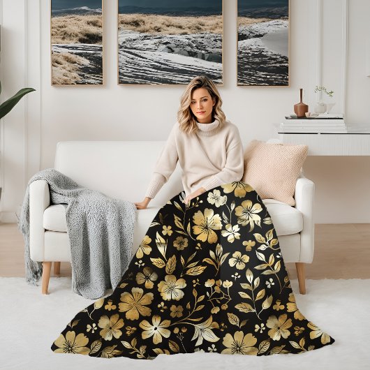 Floral Gouden en Zwart Elegant Fleece Deken