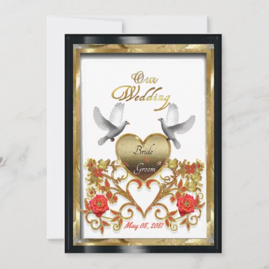 Floral gouden hart van liefhebbende Doves-trouwkaa Kaart (Voorkant)