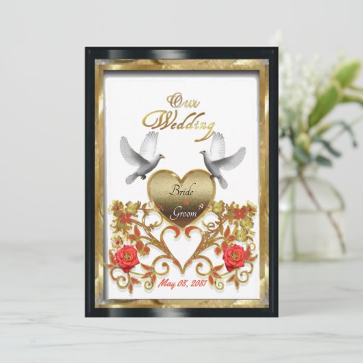Floral gouden hart van liefhebbende Doves-trouwkaa Kaart (Staand voorkant)