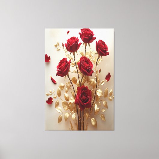 Floral Grace: Rode Rozen & Gouden Bladeren Design Canvas Afdruk (Voorkant)