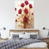 Floral Grace: Rode Rozen & Gouden Bladeren Design Canvas Afdruk (Insitu (Slaapkamer))