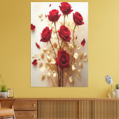 Floral Grace: Rode Rozen & Gouden Bladeren Design Canvas Afdruk (Insitu (Woonkamer))