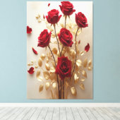 Floral Grace: Rode Rozen & Gouden Bladeren Design Canvas Afdruk (Insitu (Houten vloer))