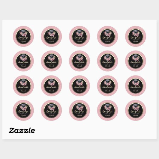 Floral Grad Cap Pink Bow Confetti Ronde Sticker (Vel)