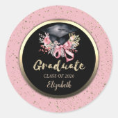 Floral Grad Cap Pink Bow Confetti Ronde Sticker (Voorkant)