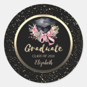 Floral Grad Cap Pink Bow Confetti   Ronde Sticker (Voorkant)