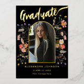 Floral Graduate Photo Graduation Party Script Goud Folie Uitnodiging (Voorkant)