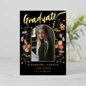 Floral Graduate Photo Graduation Party Script Goud Folie Uitnodiging (Staand Voorkant)