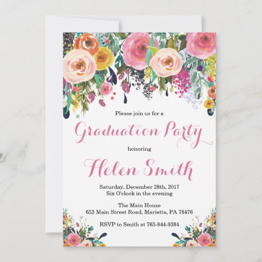 Floral Graduation Party Invitation Kaart Waterverf (Voorkant)
