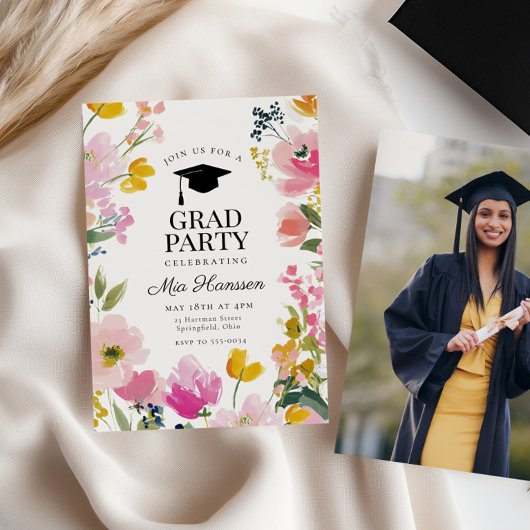 Floral Graduation Party Invitation Photo Back Kaart