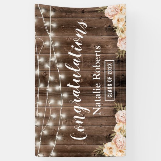  Floral Graduation Party Rustic Wood Spandoek (Verticaal)