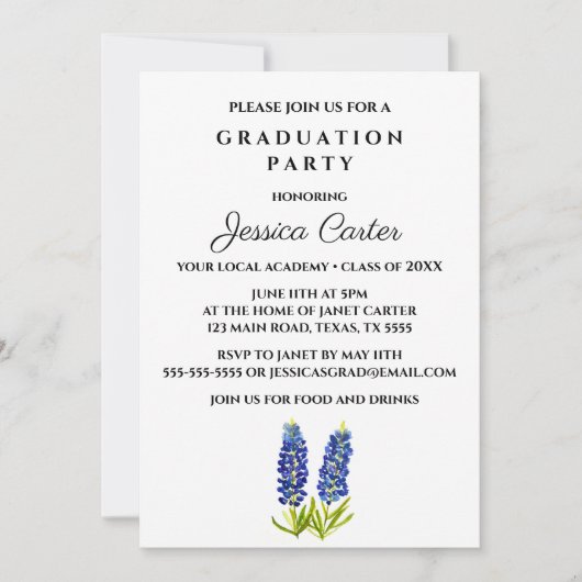 Floral Graduation Party Typografie Bluebonnets Kaart (Voorkant)