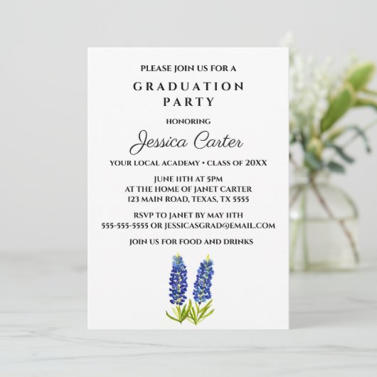 Floral Graduation Party Typografie Bluebonnets Kaart (Staand voorkant)