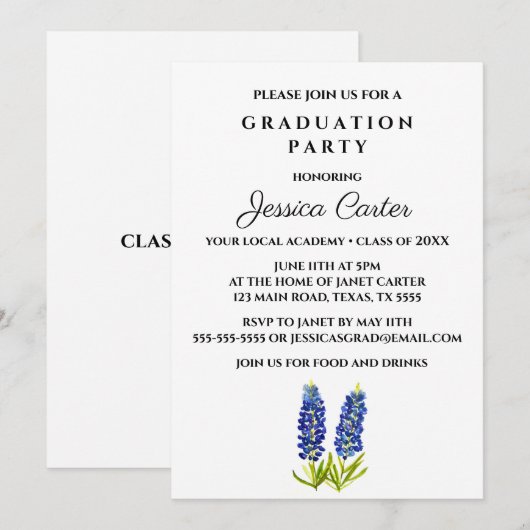 Floral Graduation Party Typografie Bluebonnets Kaart (Voorkant / Achterkant)
