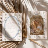 Floral Graduation Photo Announcement Card Blue Bow Kaart