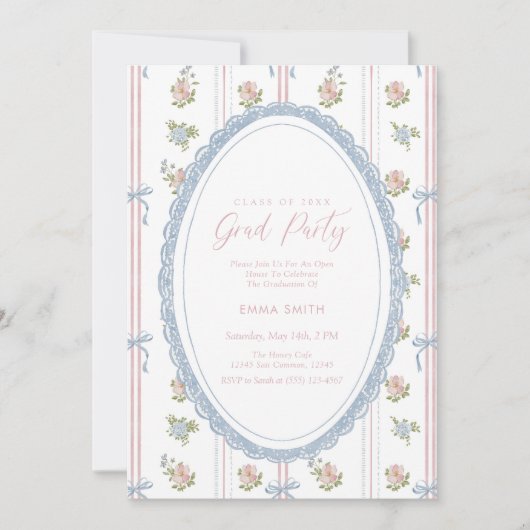 Floral Graduation Photo Announcement Card Blue Bow Kaart (Voorkant)