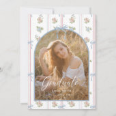 Floral Graduation Photo Announcement Card Blue Bow Kaart (Achterkant)