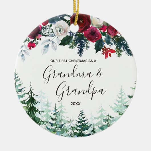 Floral Grandma & Grandpa First kerstversiering Keramisch Ornament (Voorkant)