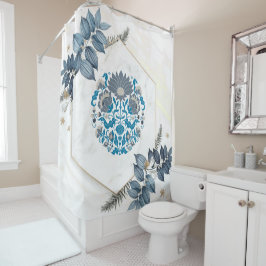 Floral Graphic Artwork, Blauwgroen Floral Mandala Douchegordijn