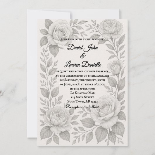 Floral Graphite Photo Wedding Invitation Kaart (Voorkant)