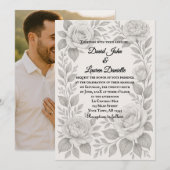 Floral Graphite Photo Wedding Invitation Kaart (Voorkant / Achterkant)