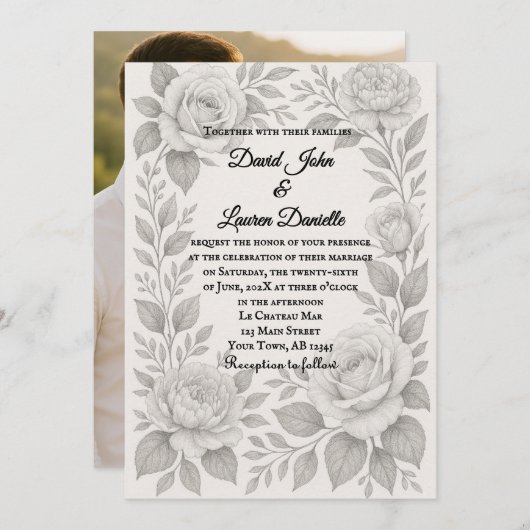 Floral Graphite Photo Wedding Invitation Kaart (Voorkant / Achterkant)