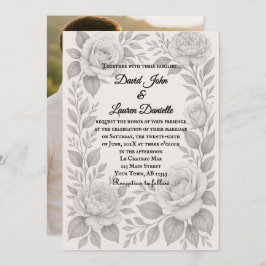 Floral Graphite Photo Wedding Invitation Kaart