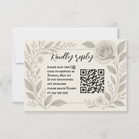 Floral Graphite QR Code Wedding RSVP Card (Voorkant)