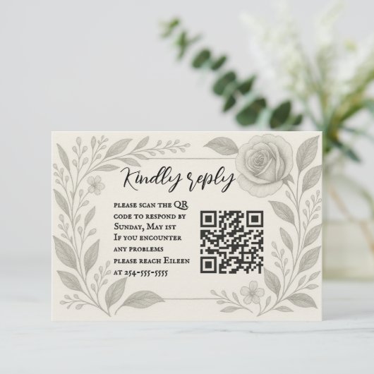Floral Graphite QR Code Wedding RSVP Card (Staand voorkant)