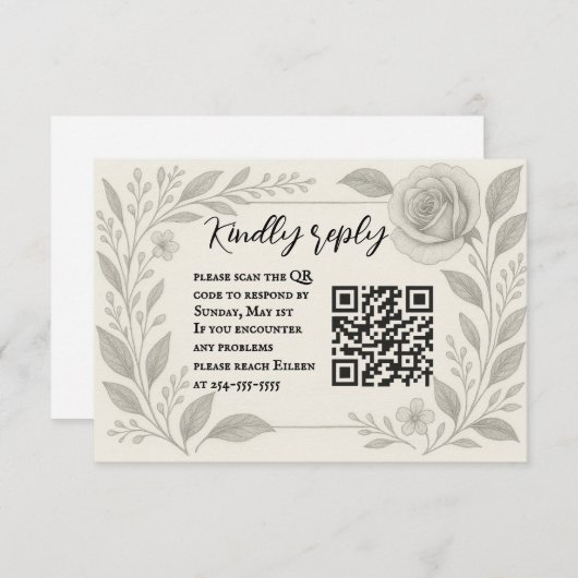 Floral Graphite QR Code Wedding RSVP Card (Voorkant / Achterkant)