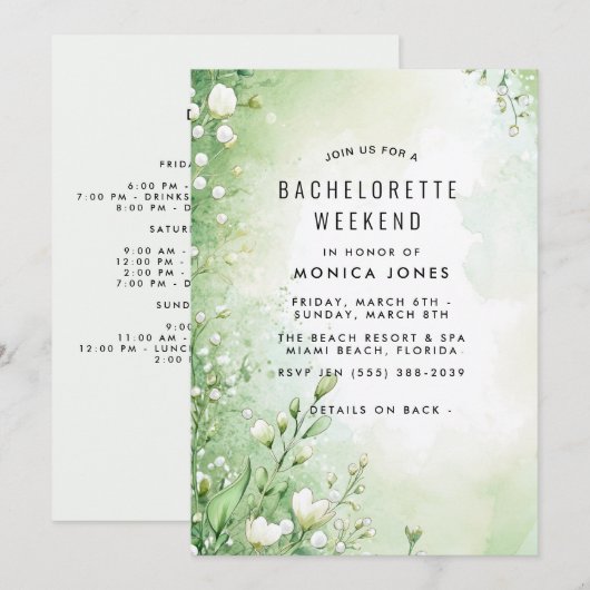 Floral Green Bachelorette Weekend feestuitnodiging Kaart (Voorkant / Achterkant)