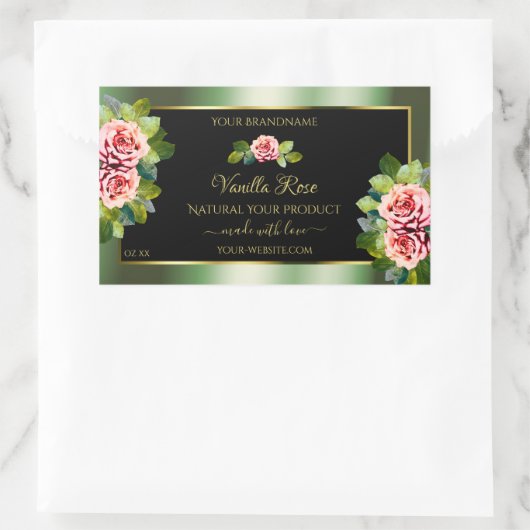 Floral Green Black Gold Product Labels roze rozen  (Tas)