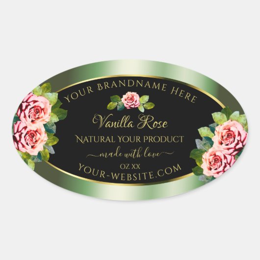 Floral Green Black Gold Product Labels roze rozen  (Voorkant)