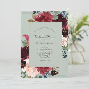 Floral Green Blush Elegant Script Wedding Kaart