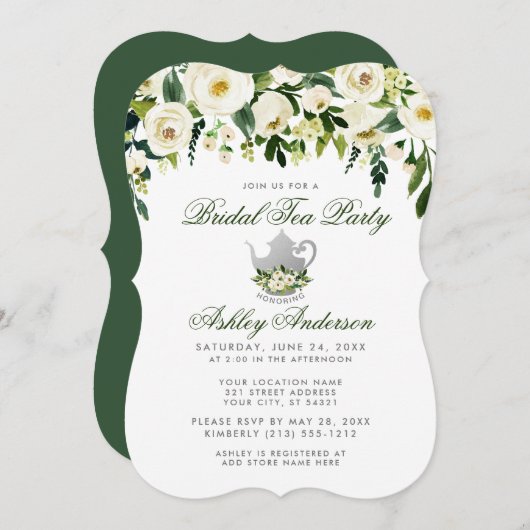 Floral Green Bridal Tea Party Silver Invite GB Kaart (Voorkant / Achterkant)