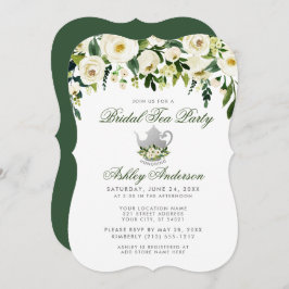 Floral Green Bridal Tea Party Silver Invite GB Kaart