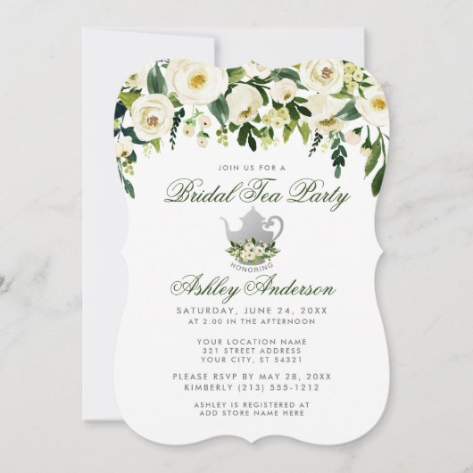 Floral Green Bridal Tea Party Silver Invite Kaart (Voorkant)