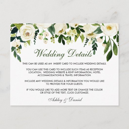 Floral Green bruiloft details invoegen Kaart (Voorkant)