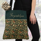 Floral Green Cream William Morris Inspired w Name Tote Bag