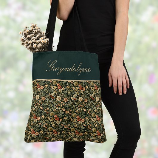 Floral Green Cream William Morris Inspired w Name Tote Bag