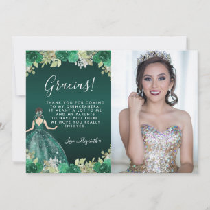 Floral Green Dress Birthday Foto Quinceanera Bedankkaart