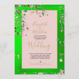 Floral Green Elegant Pink Gold Chinoiserie Weddens Kaart