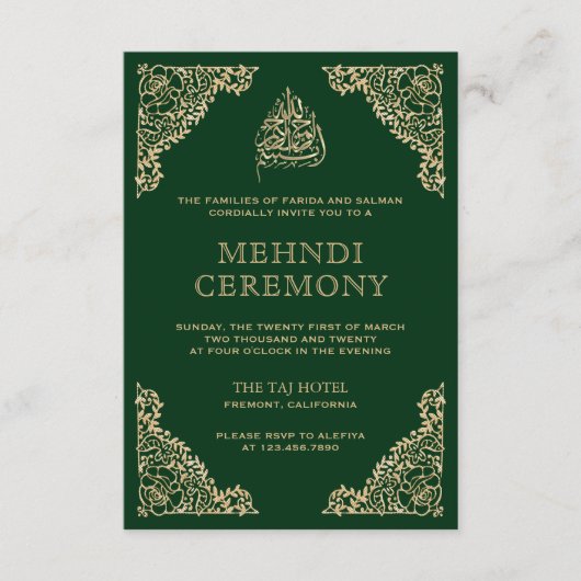 Floral  Green en Gold Islamic Muslim Mehndi Informatiekaartje (Voorkant)