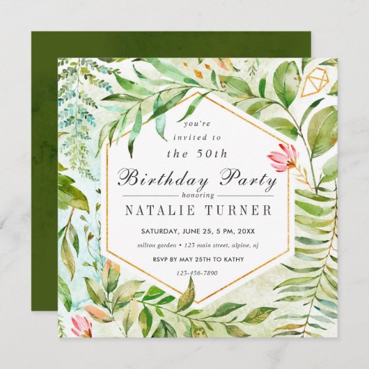 Floral Green Foliage Birthday Party Invitation Kaart (Voorkant / Achterkant)