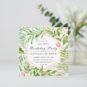 Floral Green Foliage Birthday Party Invitation Kaart (Staand voorkant)