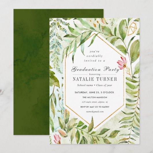 Floral Green Foliage Graduage Party Invitation Kaart (Voorkant / Achterkant)