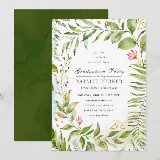 Floral Green Foliage Graduage Party Invitation Kaart (Voorkant / Achterkant)