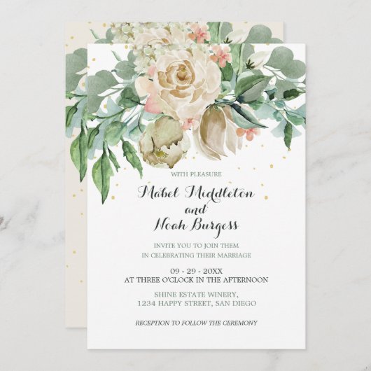 Floral Green Foliage Neutrale Kleur Elegant Roos Kaart (Voorkant / Achterkant)