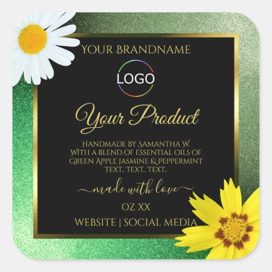 Floral Green Glitter Black Gold Product Label Logo (Voorkant)