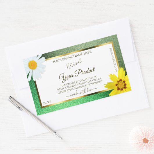 Floral Green Glitter White en Gold Product Labels (Envelop)